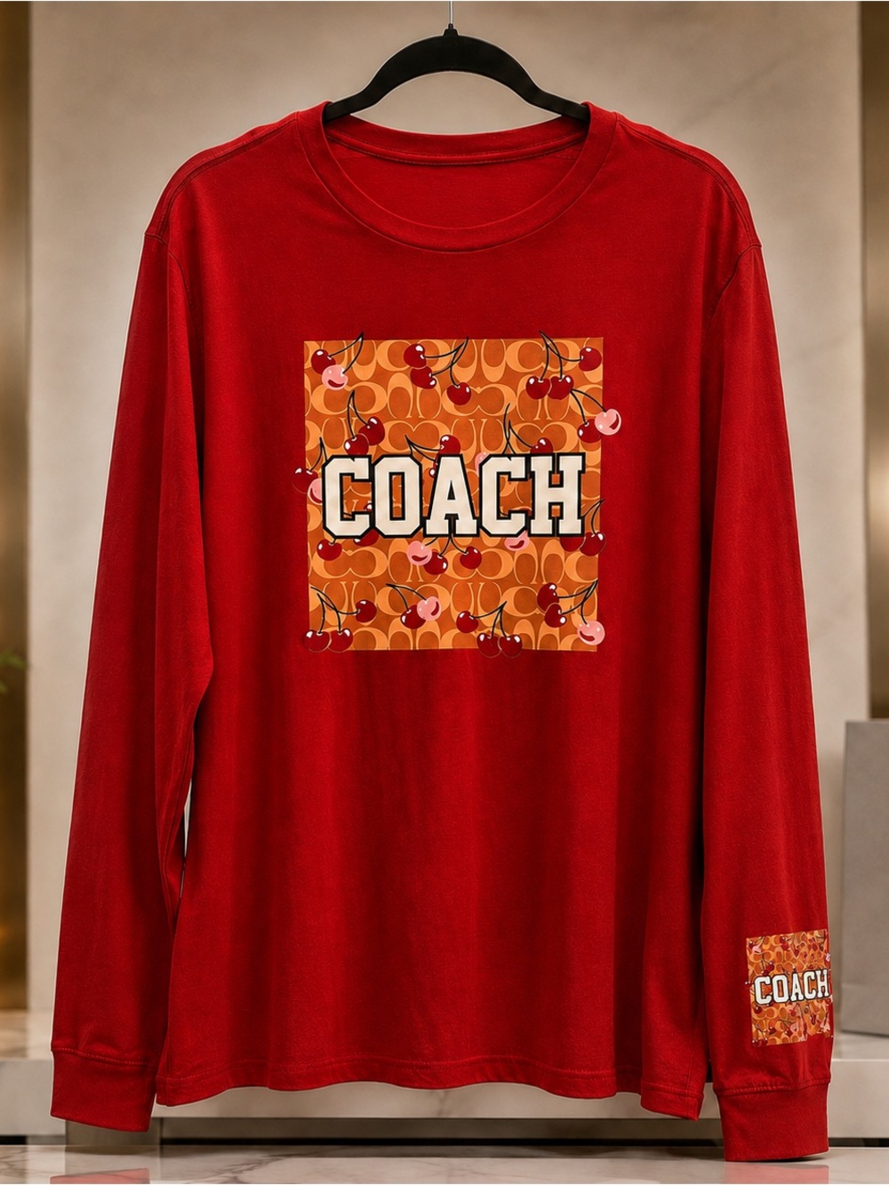 Red Long-Sleeve Tee with Cherry Logo Square
